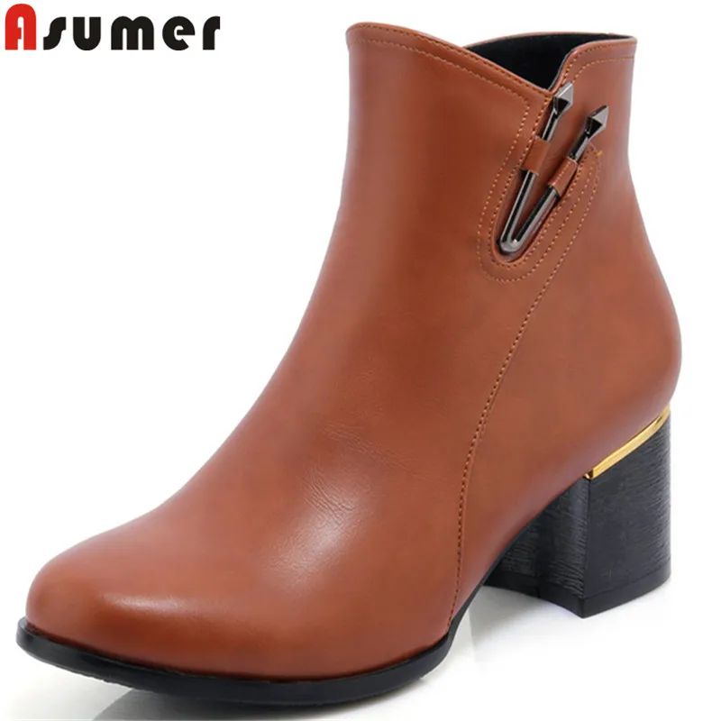 

ASUMER fashion autumn winter boots women round toe zip ankle boots thick high heels boots high quality pu leather boots