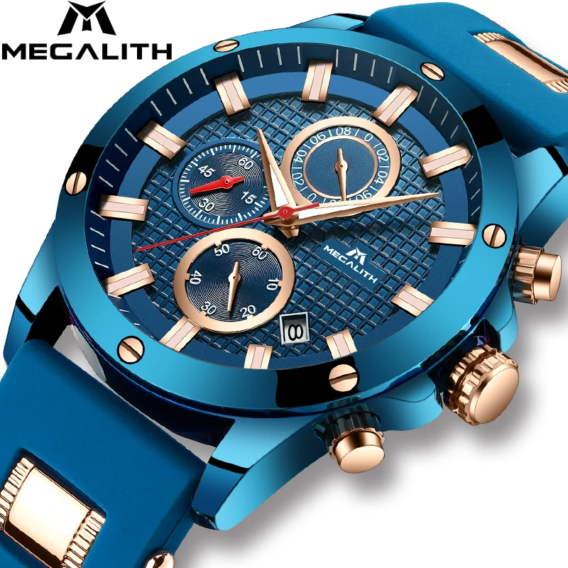 

MEGALITH Blue Men'S Watch Rubber Strap Classic Timer Calendar Waterproof Plaid Gift For Mele Clock Quartz Male Reloj De Hombre
