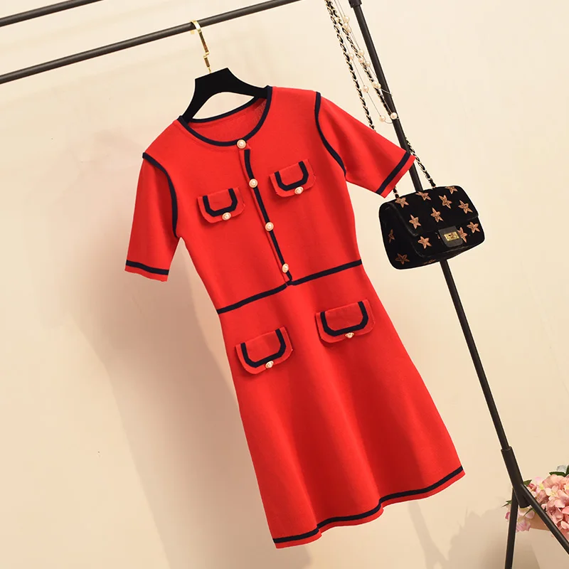 

2019 Summer Women New Knitting Red Dress Female Lady High Waist Slimming Temperament Knit Dress Girls Student Fashion Dresses