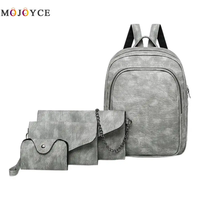 4 unids/set Mochila de cuero de la PU de las mujeres Simple mujer ClassicTeenager hombro paquete Mochila femenina