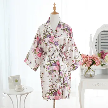 

Woman's Floral Satin Mini Bathrobe Nightgown Female Kimono Robe Nightgowns Wedding Bride Bridesmaid Sexy Nightwear Dressing Gown