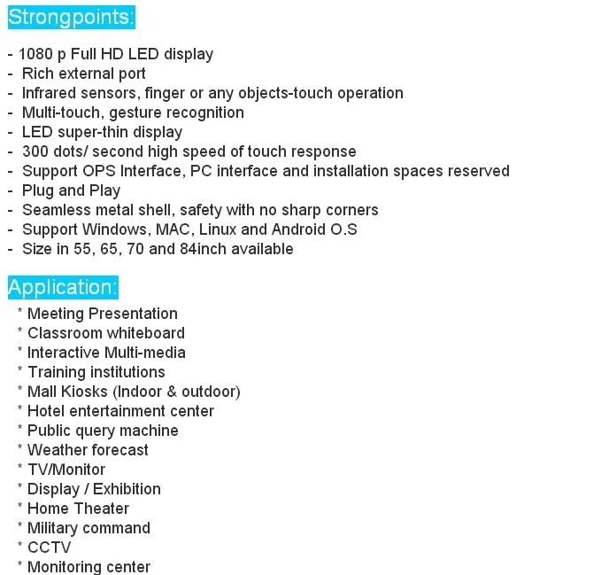 ПК Встроенный 65 70 84 98 дюймов 4 K led lcd tft hd 1080 p tv функция интерактивный сенсорный смарт-дисплей для Конференции