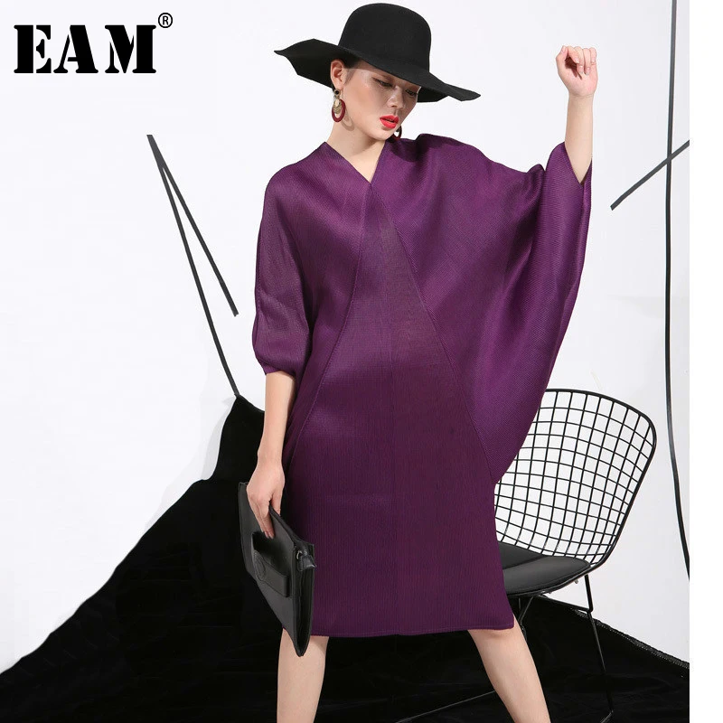 

[EAM] 2019 Spring Trendy New Crimp Bat Sleeve Design Big Size Loose Large Size Solid Color Dress Women Fashion FU11191