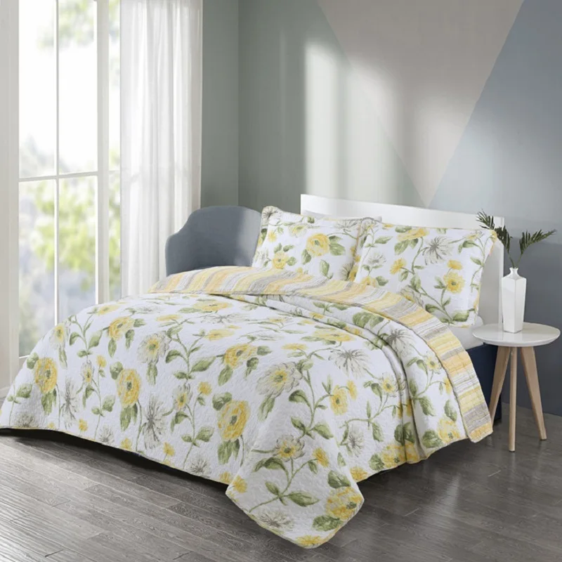 

AB-side Printed Bedspread Quilt Set 3pcs Quilted Bedding Cotton Quilts Bed Cover Pillowcase King Queen Size Flowers Coverlets