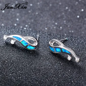 

JUNXIN Geometric Design Blue Fire Opal Earring Female Stud Earrings Silver Color Double Sided Earrings For Women