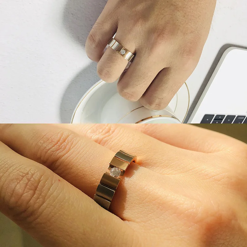 Vnox Personalize Rose Gold Color Couple Rings For Women Men Elegant Stainless Steel CZ Stone Wedding Band Customize Lover Gift