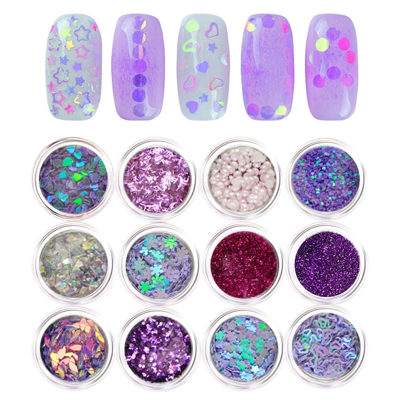 

12 Boxes Nail Glitter Sequins Set Mixed Laser Gold Silver Purple Flakes Powder Dust Pigment 3D Nail Art Decoration Manicure DIY