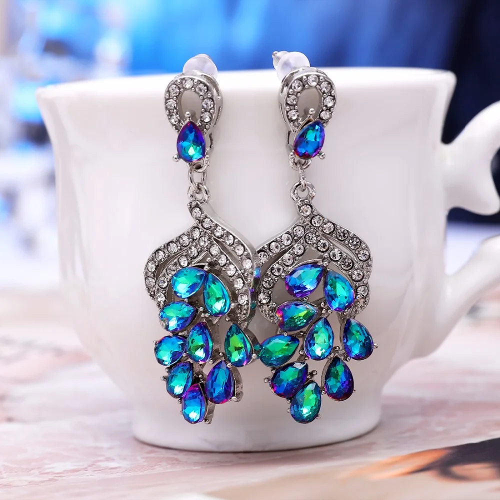 

Hesiod Blue CZ Crystal Earrings Drop Romantic Luxury Rhinestone Leaf Long Pendant Drop Dangle Earrings for Women