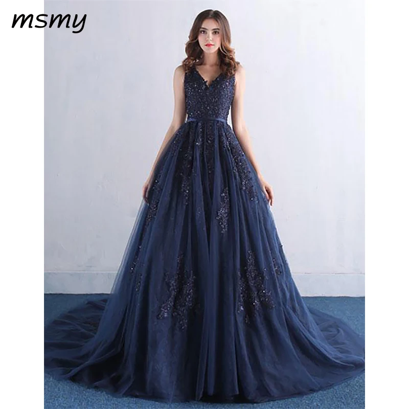 Navy Blue Lace Appliques V-neck Tulle Prom Long Dresses 199