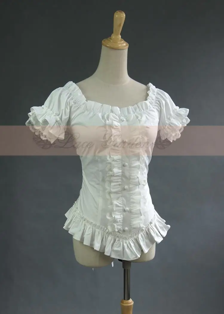 Женская Ретро белая/черная блузка с коротким пышным рукавом квадратная Шея винтажная Лолита хлопковая блузка с оборками
