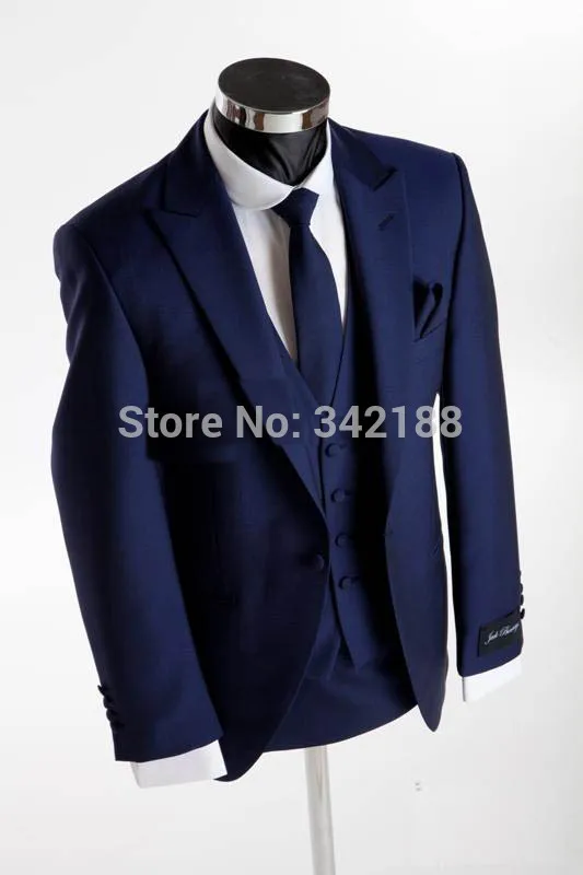 Top Sale Royal Blue One Buttons Groom Tuxedos Best Man Peak Lapel Groomsmen Men Wedding Suits Bridegroom (Jacket+Pants+Tie+Vestw top sale custom made two buttons blue groom tuxedos shawl satin lapel best man groomsmen men wedding suits bridegroom suitsweddi