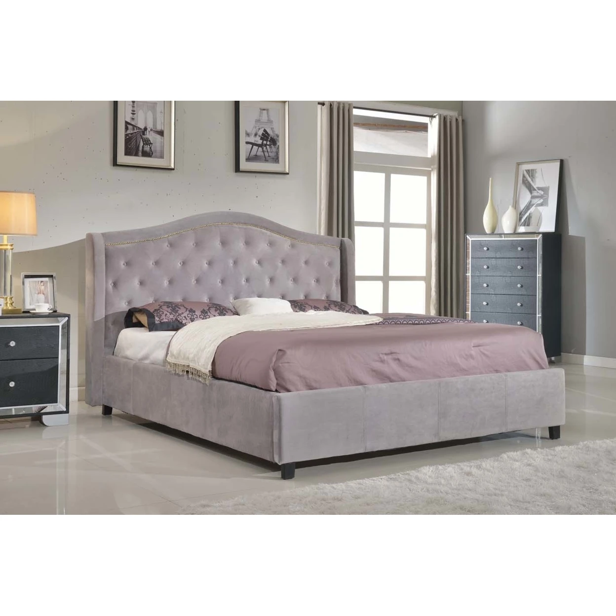 Queen Sized Platform Bed with Camel Back  Footboard and Rails Gray