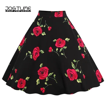 

JOGTUME Women Vintage Skirt Falda Skater Fashion Rose Print Polka Dot High Waisted Feminine Pleated Skirts Plus Size (S-4XL)