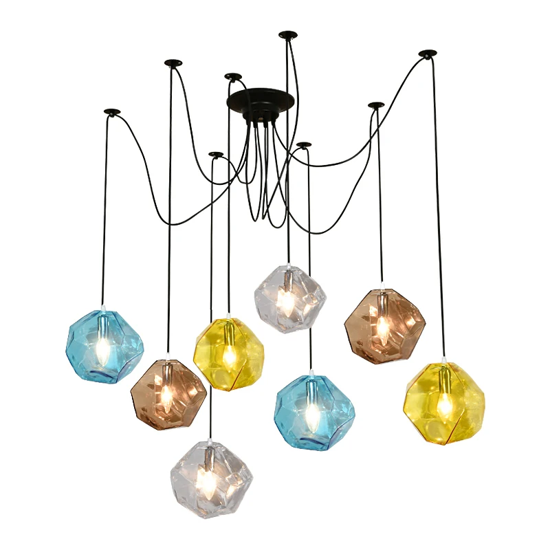 Ice cube glass pendant light creative glass shape post modern hanging lamp grey yellow blue droplight E14 LED bulb 5W warm white