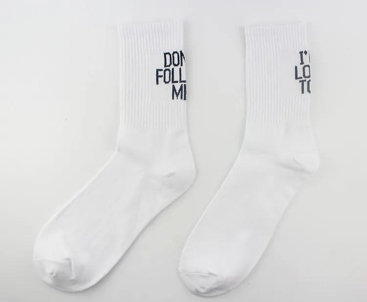 Забавные носки с человеком, хлопковые носки Harajuku Crazy Fun, милые носки с алфавитом в стиле хип-хоп для мальчиков, мужские носки без пятки средней длины, Dont Follow Me