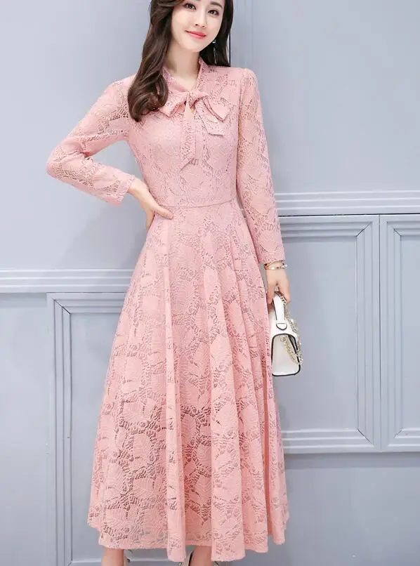 

High quality 2018 Autumn New Arrival Plus Size M-XXXL Fashion V Collar Bowknot Long Sleeve Solid Color Woman Long Lace Dress