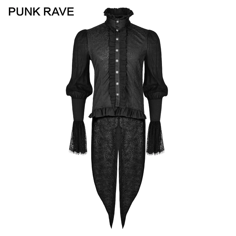 

PUNK RAVE Gothic Dovetail Black Shirt Lace Puff Sleeves Brocade Swallow-tailed Men Shirts Halloween Party Christmas Clothing