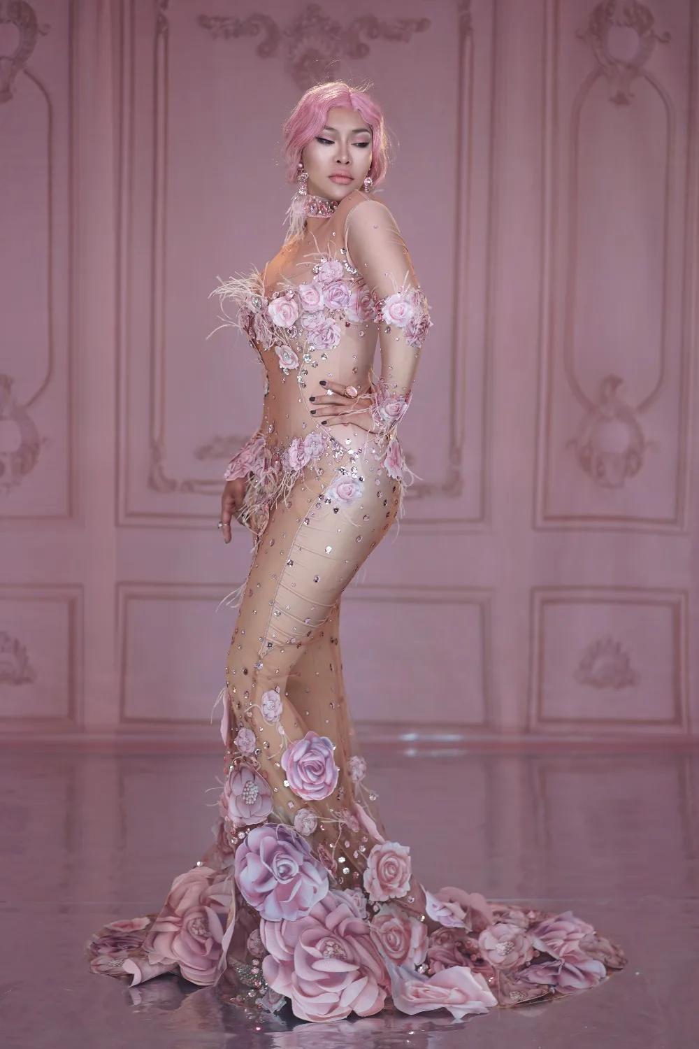 Блестящие стразы, розовое цветочное Сетчатое перспективное платье со шлейфом, сексуальное эластичное длинное платье, вечернее платье со звездами, певец и ведущий костюм