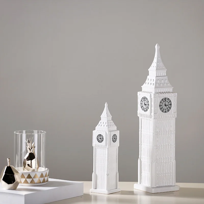 

European Big Ben pagoda Ceramic White Bell tower Crafts office desktop creative ceramic Architecture pendulum Gifts