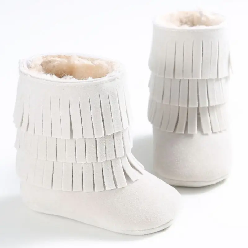 Малышей Сапоги и ботинки для девочек осень-зима Мокасины moccs новорожденных для маленьких девочек обувь с бахромой малыша мягкой подошве противоскользящие Очень Теплые полусапоги - Цвет: Белый