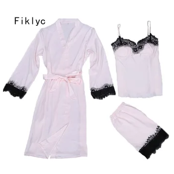 

Fiklyc brand three pieces women's bathrobe + pajamas sets luxury sexy beautiful lace nighties new arrival spring / summer suits