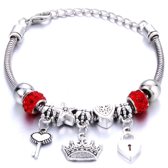 Antique Original Crown key lock Shape 6 colors Charm Bracelets For Women Glass Beads Brand Bracelet & Bangle DIY Jewelry Gifts 0001RD