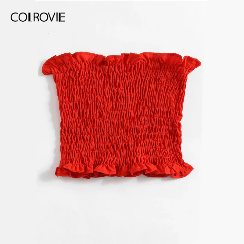 COLROVIE Neon Red Shirring корейский бюстгальтер Bandeau Топ женский Лето Черный без рукавов, приталенная Сексуальная футболка, рубашки Boho женские топы