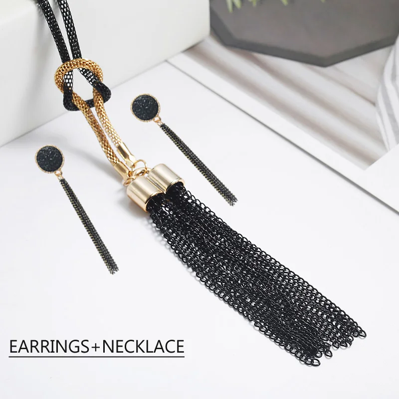 

Black Tassel Pendant Necklace Jewelry Set For Women Elegant Tassel Earrings Gift For Friends Classical EA+NE
