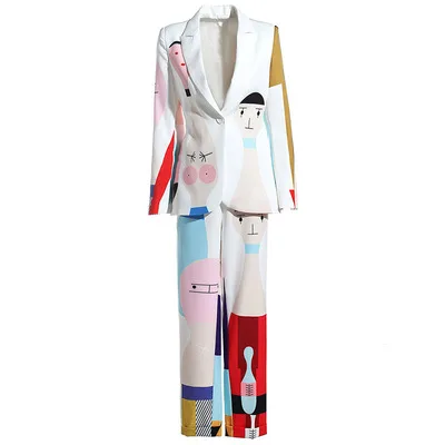 Женский костюм-двойка Svoryxiu, белый костюм с абстрактным принтом из блейзера с длинными рукавами и брюк до щиколотки на осень - Цвет: Белый