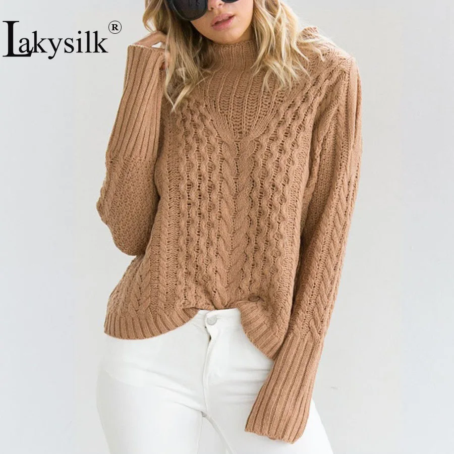[Lakysilk] Твердые Цвет осень Для женщин хаки свитера тонкий половина высокий воротник женский Повседневное круглым вырезом пуловеры Вязание