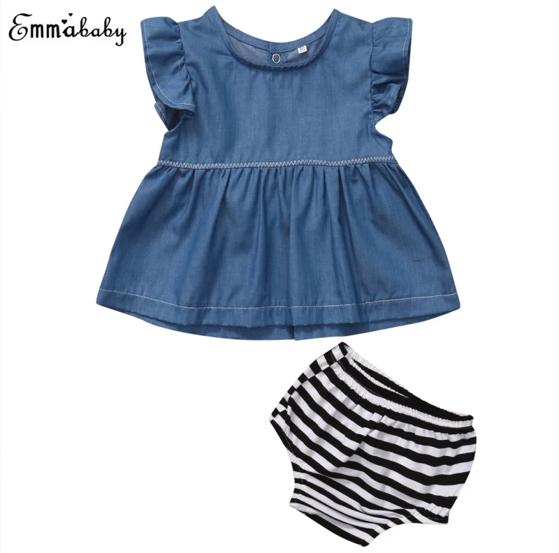 

Baby Girl Clothes Cowboy Girls Shirt Dress Denim T Shirt + Kids Striped Short Pants Clothes Outfit Blue