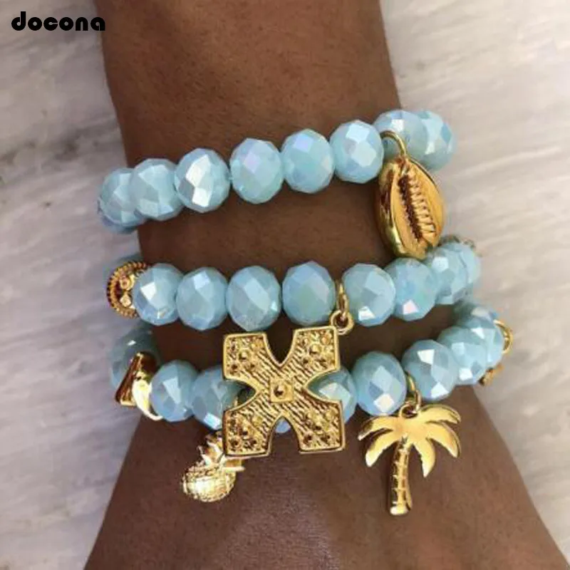 

Docona Beach Boho Blue Bead Tree Shell Pineapple Anklet Set Women Charm Seashell Beaded Multi Layer Bracelet Foot Jewelry C20509