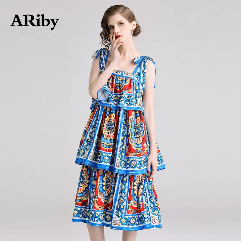 Women Dress Summer Party Square Collar Dress 2019 New Fashion Blue Printing Sling Sleeveless Multi-level Cake Sweet A-Line Dress