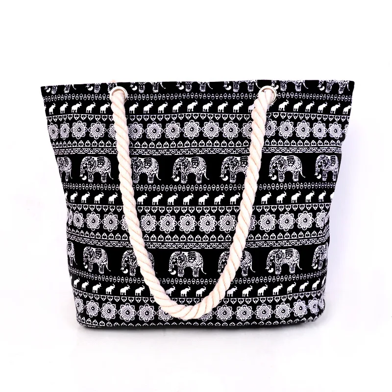 

2019 Summer beach bag big Women Canvas Bohemian Handbags Female Casual Travel Elephant Printed Shopping Totes Bag Sac A Main