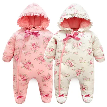 

Winter Newborn Baby Girl Clothes Thicken Warm Floral Princess Jumpsuit Hooded Kid Cotton Baby Romper Dress Toddler Outerwear