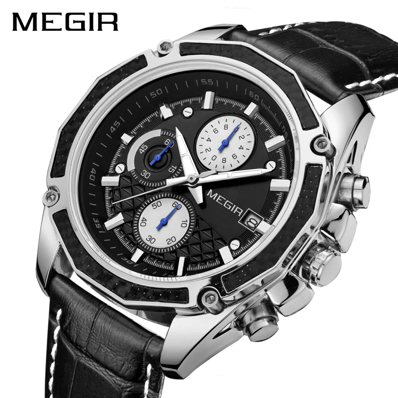 MEGIR, оригинальные мужские кварцевые часы, Топ бренд, военные часы, многофункциональные, хронограф, кожа, спортивные часы, Relogio Feminino