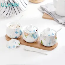 Япония стиль керамическая емкость банки приправа горшок набор с бамбуковая доска и ложка кухня чеснок/имбирь вентилируемый бак для хранения