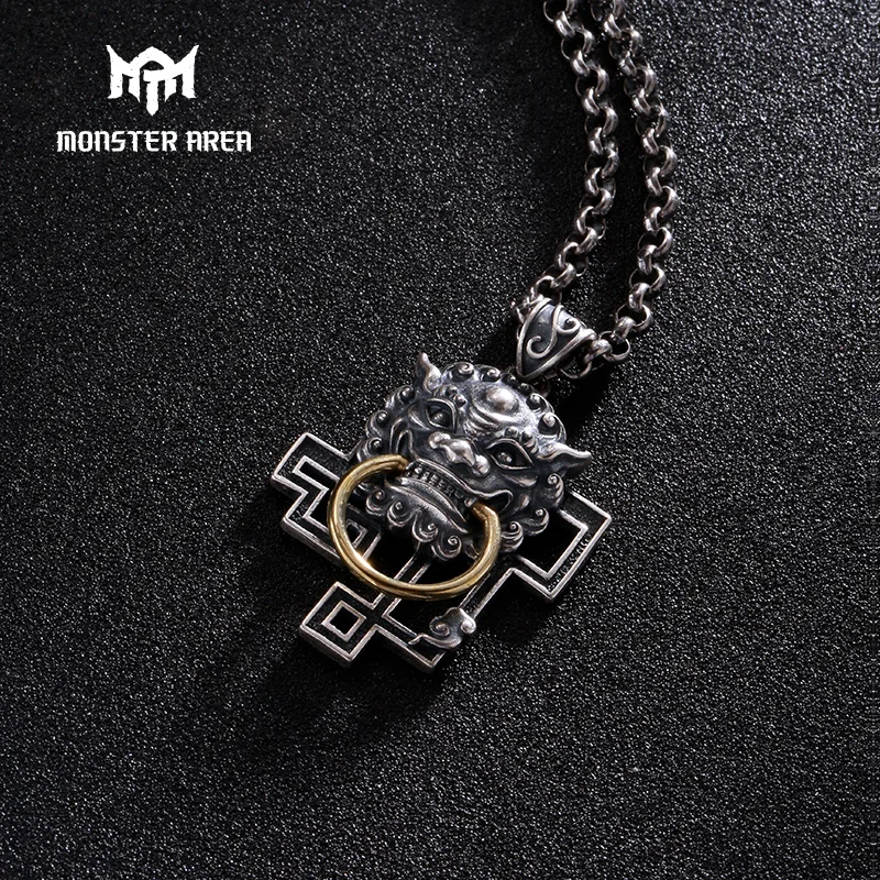 

MONSTER AREA Original Sterling Silver Mens Punk Style Chinese Mythical Animal Man Pendant