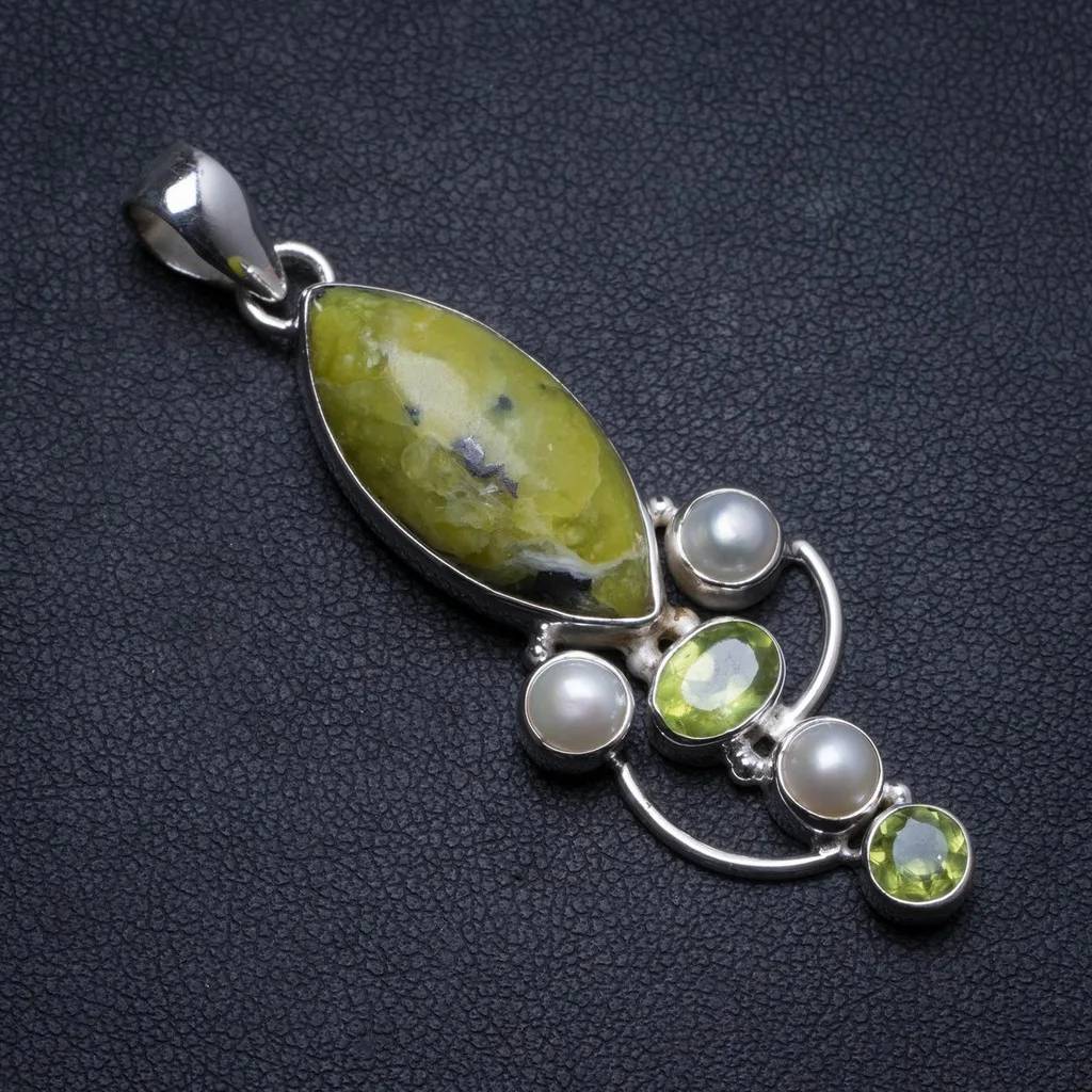 

Natural Yellow Jasper,Peridot and River Pearl Handmade Unique 925 Sterling Silver Pendant 2.25" X1416