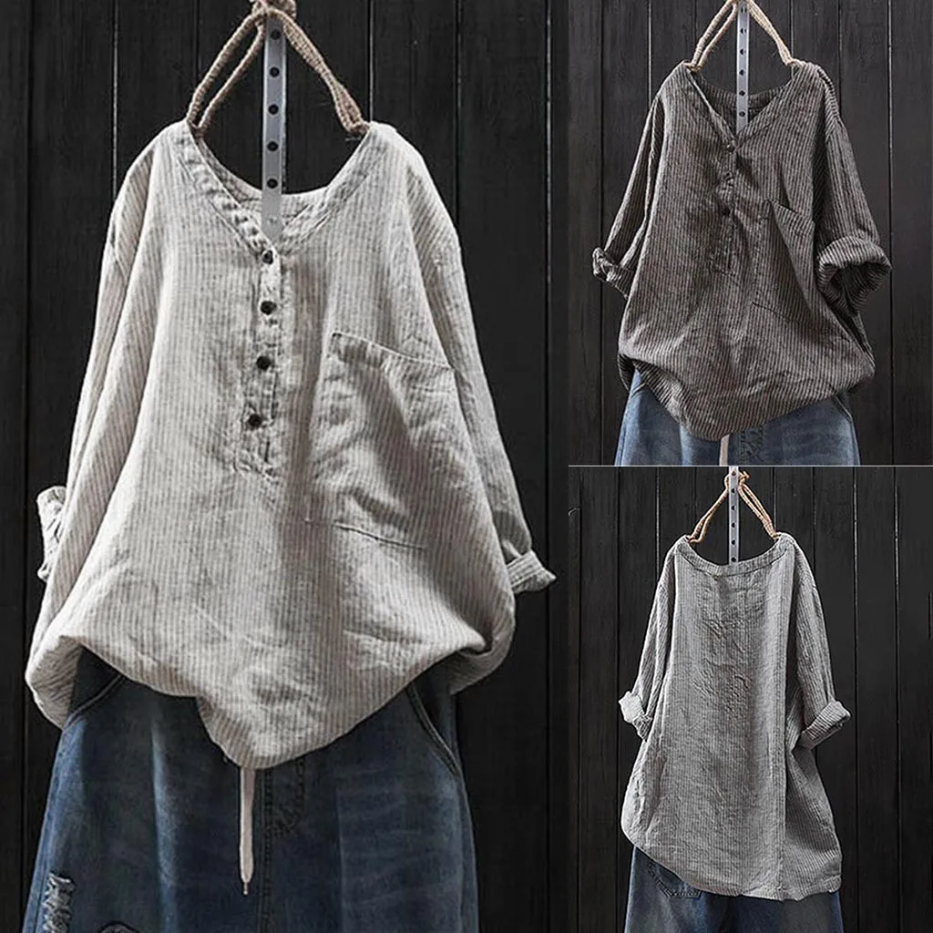 

Plus Size Fashion Cotton Linen Pockets Blouse Casual Buttons V-Neck Ladies Tee Tops Female Women's Long Sleeve Blusas Pullover