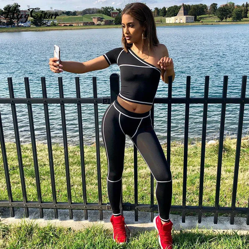  Hugcitar one-shoulder ctop tops high waist elastic leggings stripes patchwork 2019 summer women fas