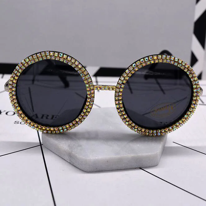 

New Elegant Round Sunglasses Women Brand Designer Fashion retro Sunglasses Female Metal colorful Crystal Sun Glasses For Women