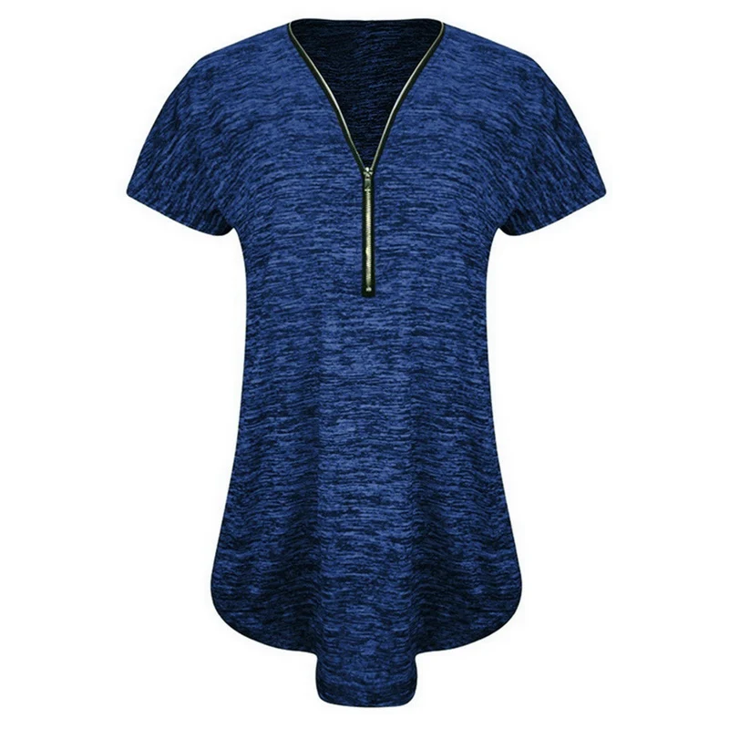 Puimentiua, женская футболка с коротким рукавом, весна-лето, повседневные футболки на молнии с v-образным вырезом,, Женская туника, топ, одежда, Camiseta Mujer - Цвет: Blue