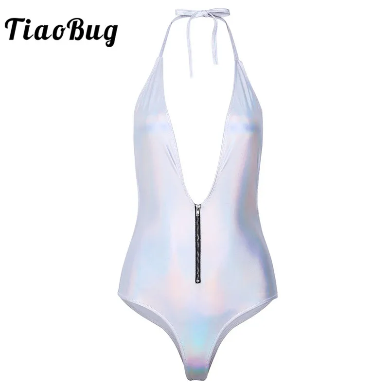 TiaoBug Women Silver One Piece Shiny Faux Leather Sleeveless Halter