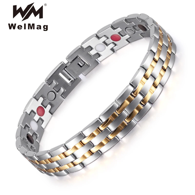 

WelMag New Healing Magnetic Bracelets Bangles for Men 4 in 1 Health Elements Stainless Steel Silver Gold Bio Energy Jewelry