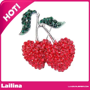 

100pcs/lot Silver-Tone Austrian Crystal Party Lovely Double Cherry Dual Leaf Brooch Pin Red
