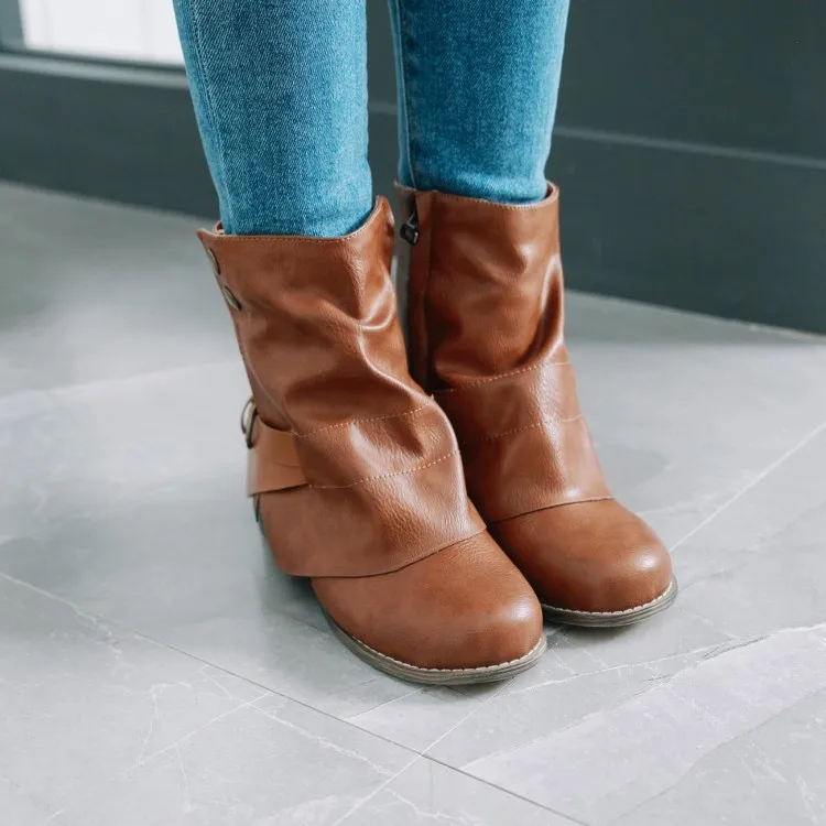 

Big Size 11 12 13 14 15 16 17 Ma'am Low-heel Short boots Blue Patchwork round head Boot barrel High heel boots