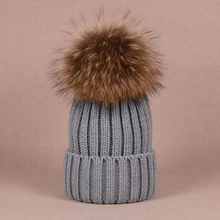 Женские шапки из натурального меха енота, большой пушистый помпон, шапки для взрослых, зимние шапки с помпоном, женские вязаные шапочки для девочек