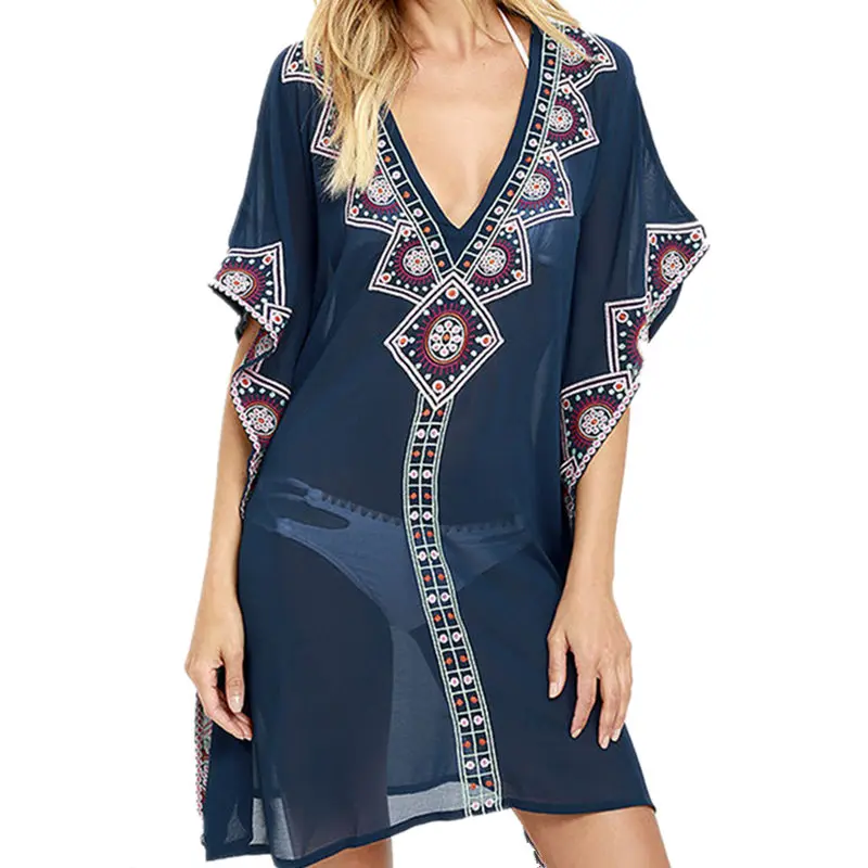 

2019 Blue Bohemian Embroidered Bats Sleeve Loose Summer Beach Dress Chiffon Tunic Women Beachwear Sarong Sexy Mini Dress N888
