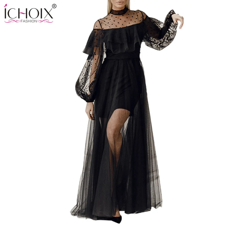 

ICHOIX Dot Mesh Dress Black Sexy Party Dress Floor Length Ruffles Maxi Dress Women Summer Dresses a-Line Slit Club Long Vestido